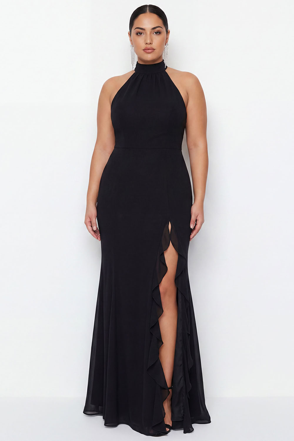 Halter Neck Black Ruffled Mermaid Long Formal Dress with Slit