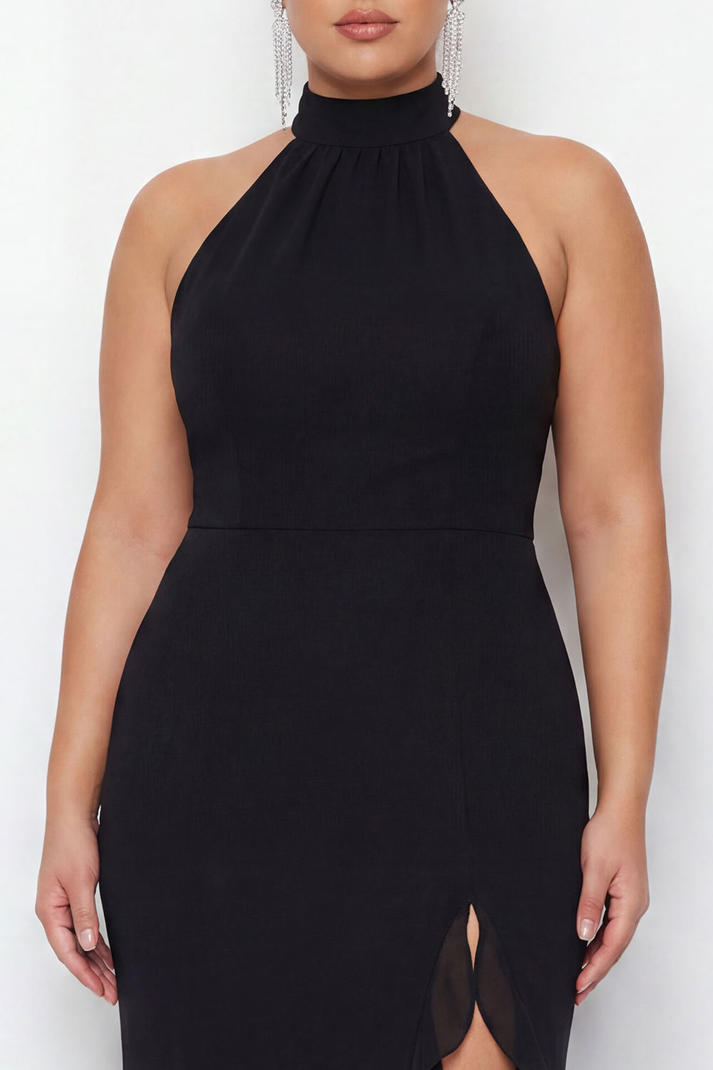 Halter Neck Black Ruffled Mermaid Long Formal Dress with Slit