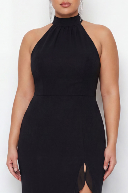Halter Neck Black Ruffled Mermaid Long Formal Dress with Slit