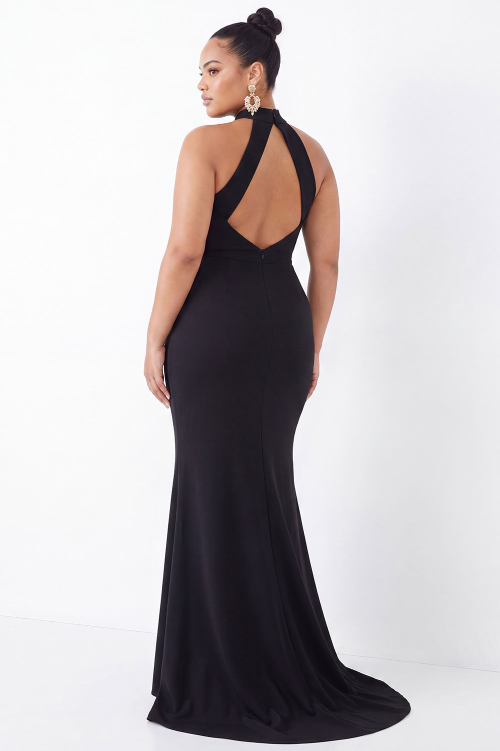 Black Mermaid Halter Neck Keyhole Plus Size Satin Formal Dress with Slit