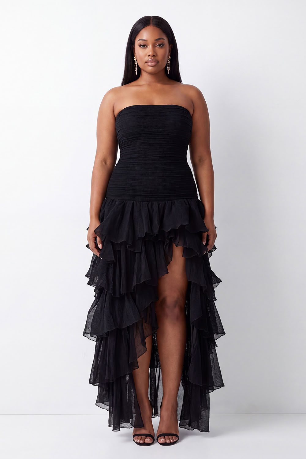 Black Strapless Tulle Tiered Ruffled Plus Size Formal Dress with Slit