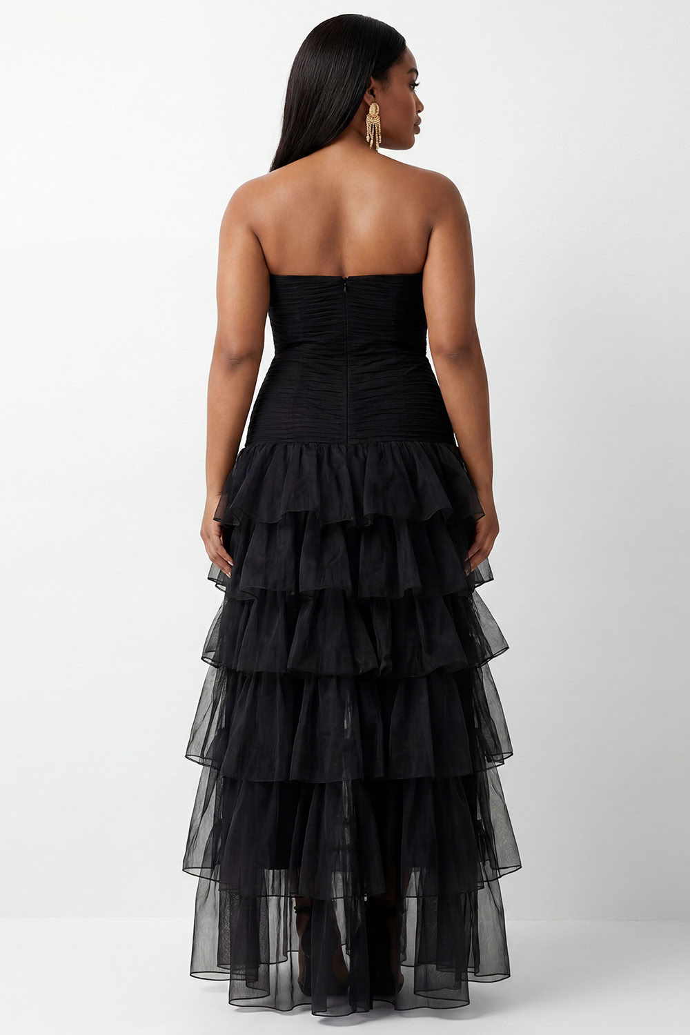 Black Strapless Tulle Tiered Ruffled Plus Size Formal Dress with Slit