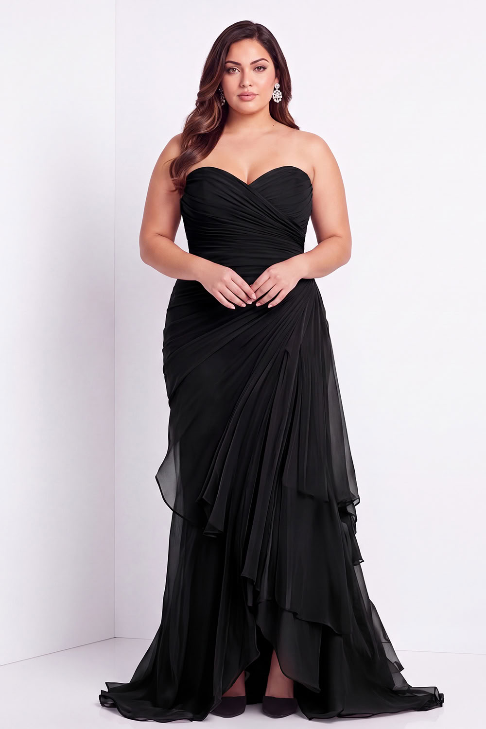 Sweetheart Black Ruched Ruffled Plus Size Formal Dress