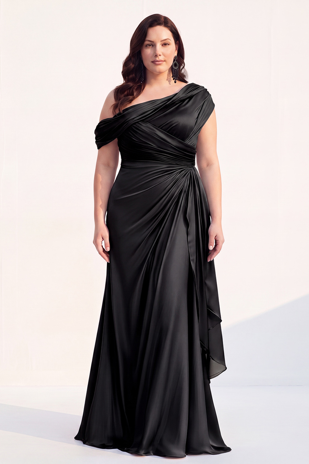 Mermaid Black One Shoulder Satin Ruched Long Mother of the Bride Dress with Ruffles 