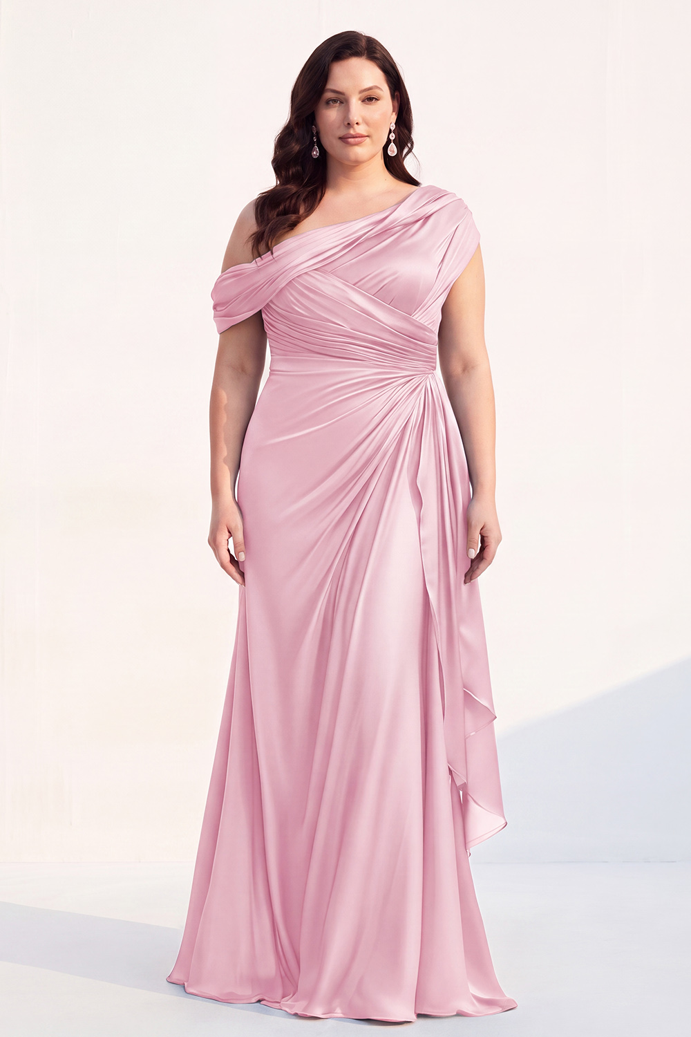 Mermaid Black One Shoulder Satin Ruched Long Mother of the Bride Dress with Ruffles 