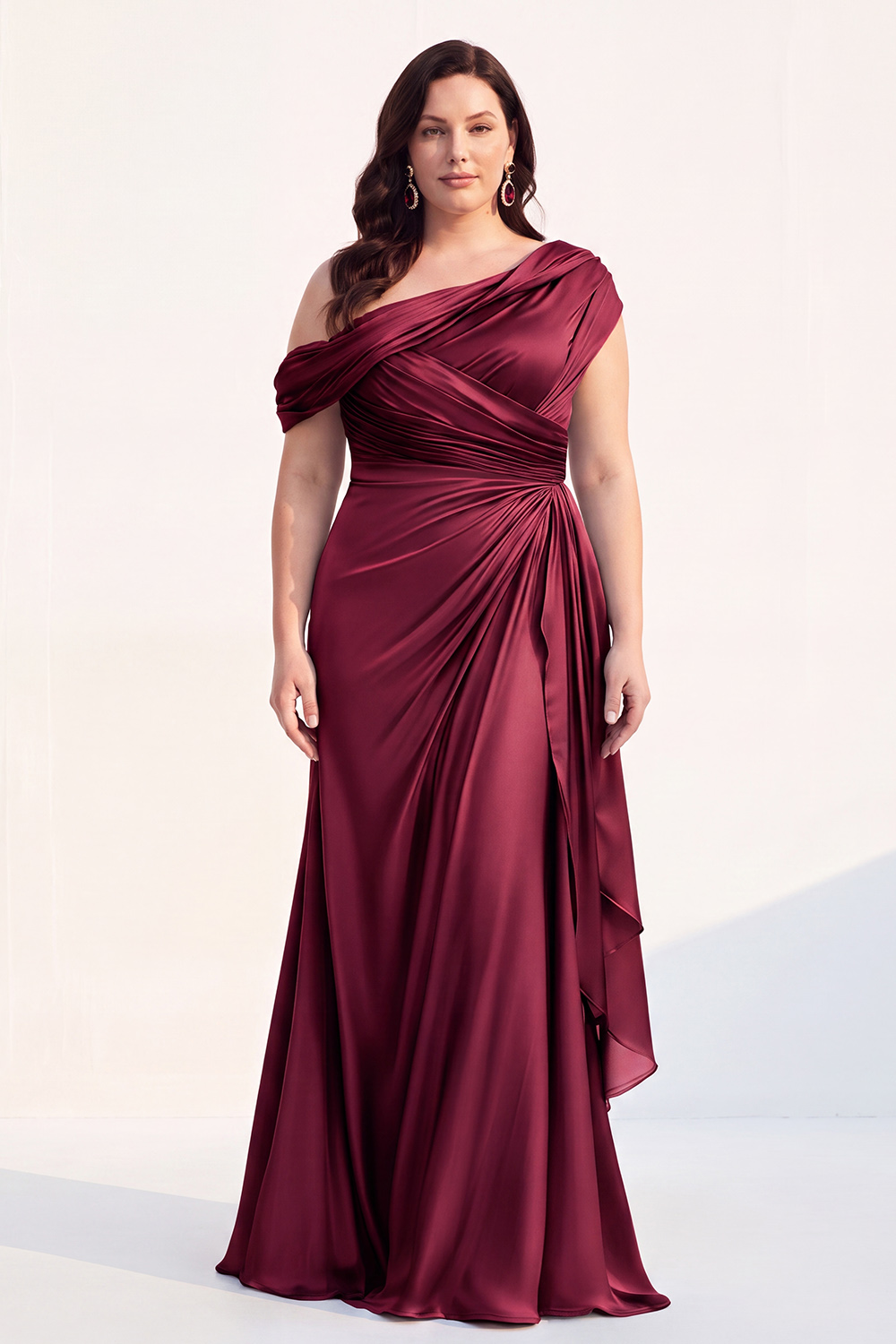 Mermaid Black One Shoulder Satin Ruched Long Mother of the Bride Dress with Ruffles 