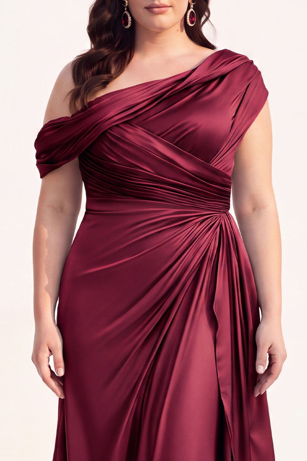 Mermaid Black One Shoulder Satin Ruched Long Mother of the Bride Dress with Ruffles 