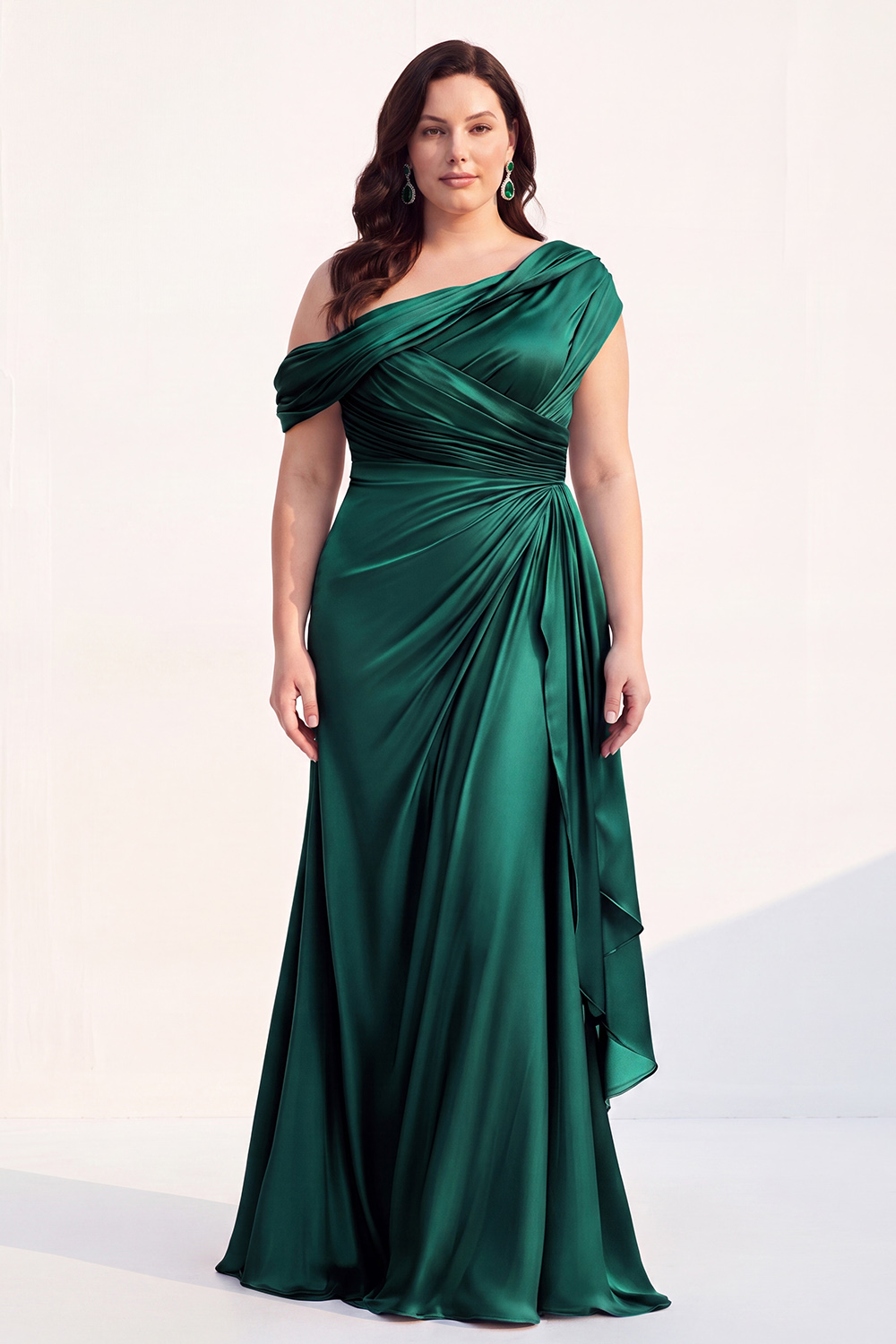 Mermaid Black One Shoulder Satin Ruched Long Mother of the Bride Dress with Ruffles 