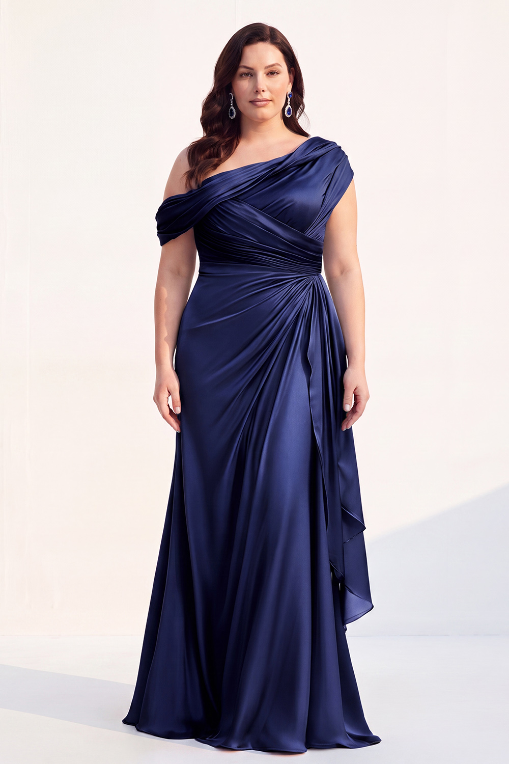 Mermaid Black One Shoulder Satin Ruched Long Mother of the Bride Dress with Ruffles 