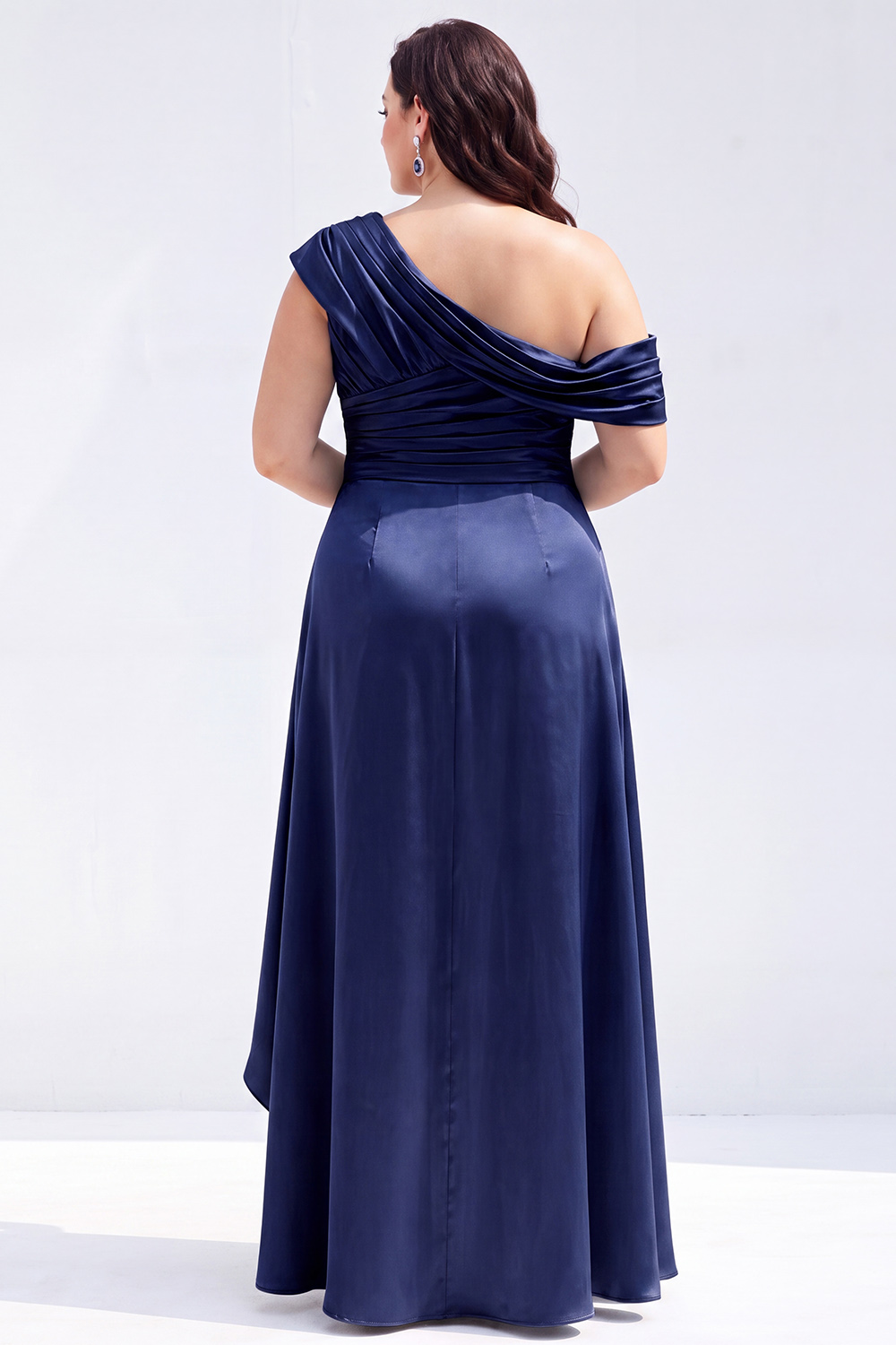 Mermaid Black One Shoulder Satin Ruched Long Mother of the Bride Dress with Ruffles 