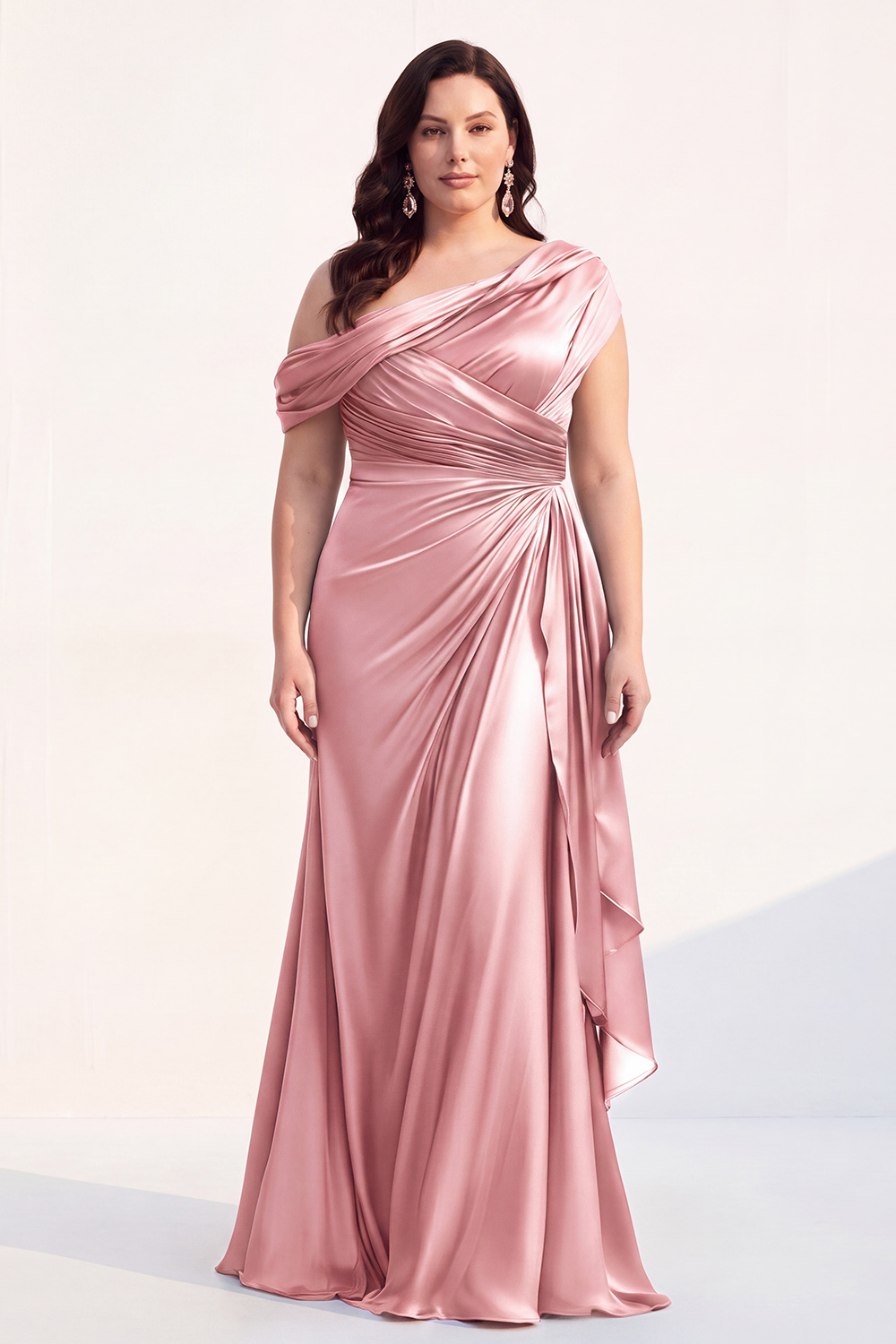 Mermaid Black One Shoulder Satin Ruched Long Mother of the Bride Dress with Ruffles 
