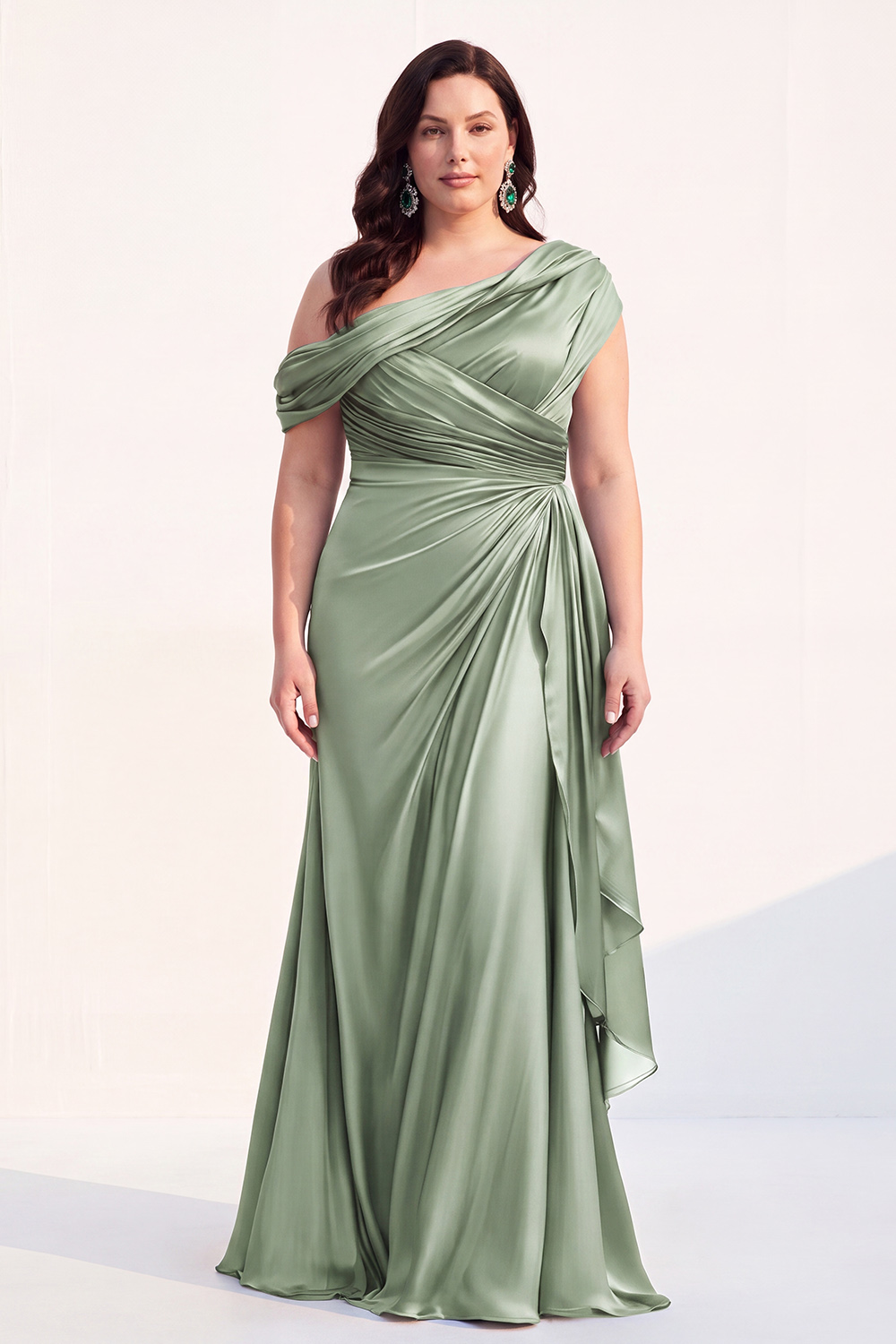 Mermaid Black One Shoulder Satin Ruched Long Mother of the Bride Dress with Ruffles 