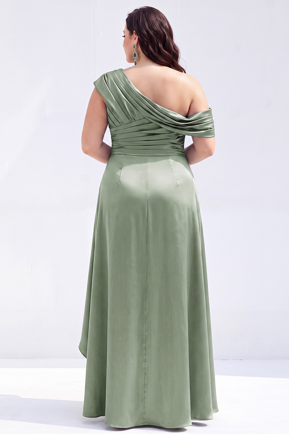 Mermaid Black One Shoulder Satin Ruched Long Mother of the Bride Dress with Ruffles 