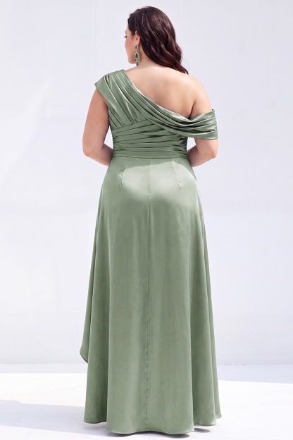Mermaid Black One Shoulder Satin Ruched Long Mother of the Bride Dress with Ruffles 