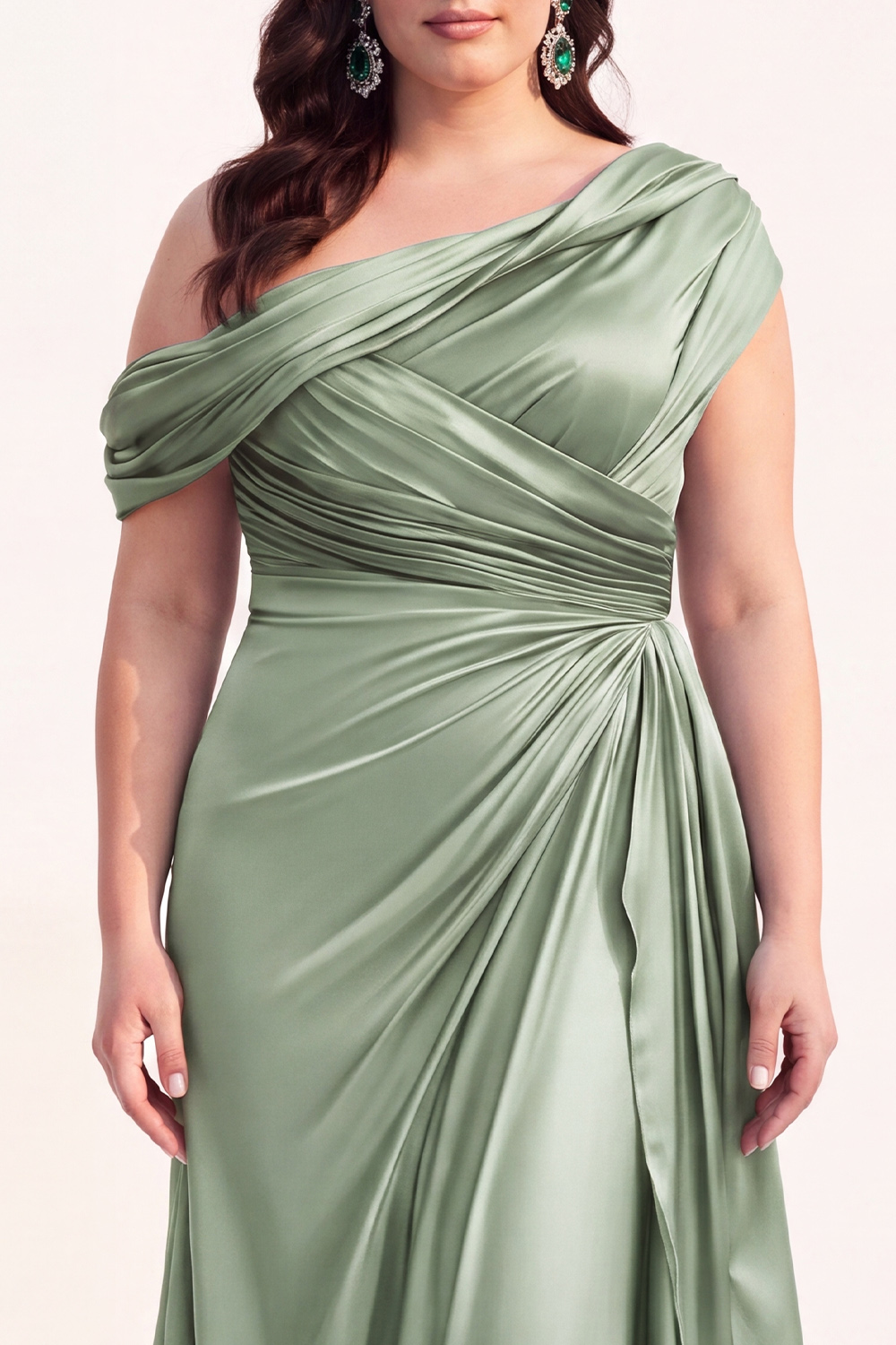 Mermaid Black One Shoulder Satin Ruched Long Mother of the Bride Dress with Ruffles 