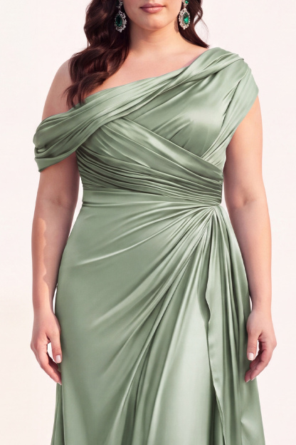 Mermaid Black One Shoulder Satin Ruched Long Mother of the Bride Dress with Ruffles 
