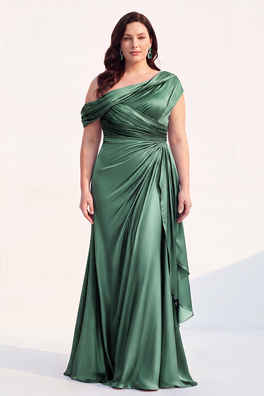 Mermaid Black One Shoulder Satin Ruched Long Mother of the Bride Dress with Ruffles 