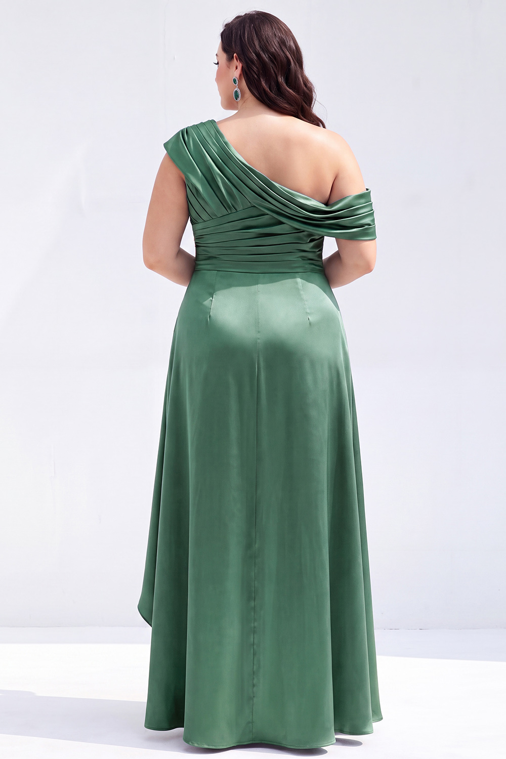 Mermaid Black One Shoulder Satin Ruched Long Mother of the Bride Dress with Ruffles 