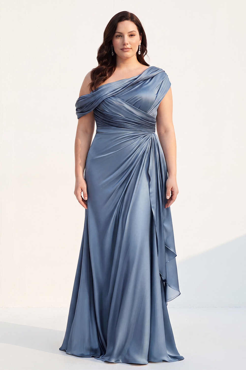 Mermaid Black One Shoulder Satin Ruched Long Mother of the Bride Dress with Ruffles 