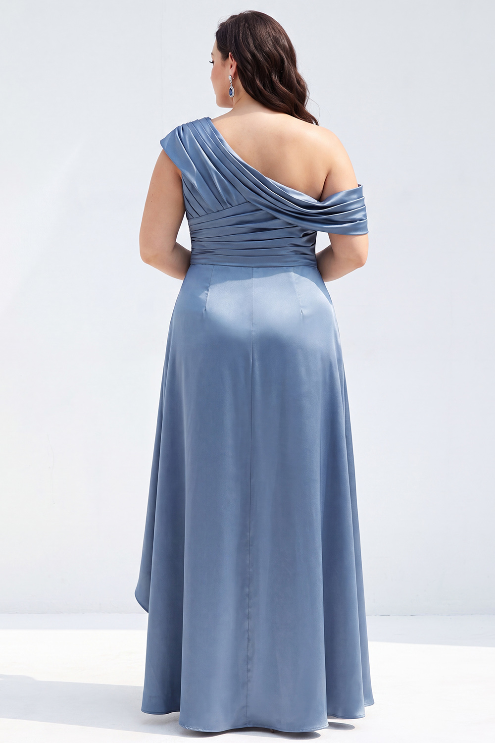 Mermaid Black One Shoulder Satin Ruched Long Mother of the Bride Dress with Ruffles 