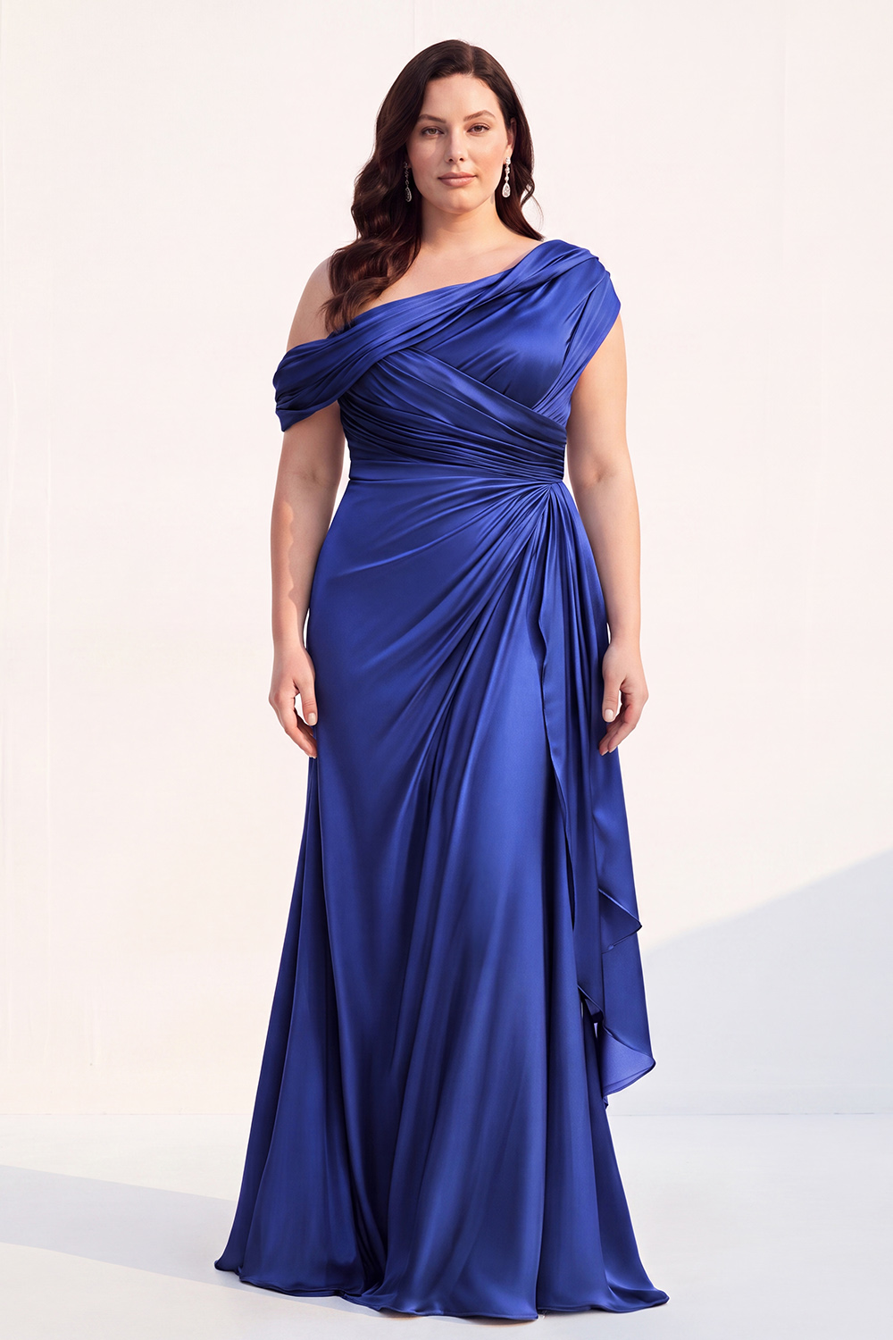 Mermaid Black One Shoulder Satin Ruched Long Mother of the Bride Dress with Ruffles 