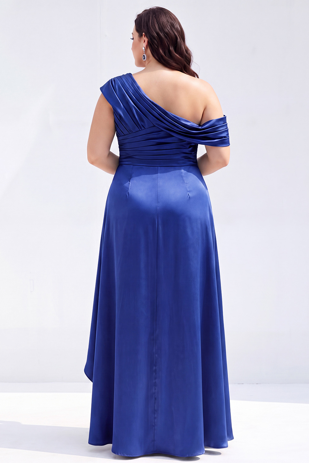 Mermaid Black One Shoulder Satin Ruched Long Mother of the Bride Dress with Ruffles 