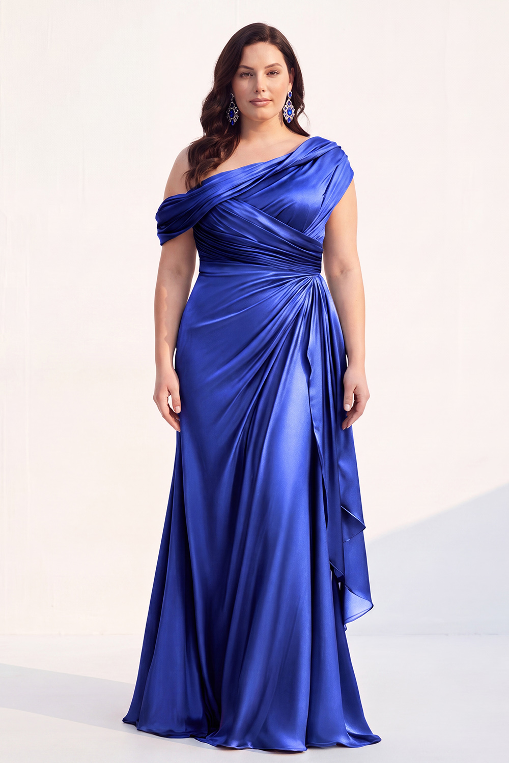 Mermaid Black One Shoulder Satin Ruched Long Mother of the Bride Dress with Ruffles 
