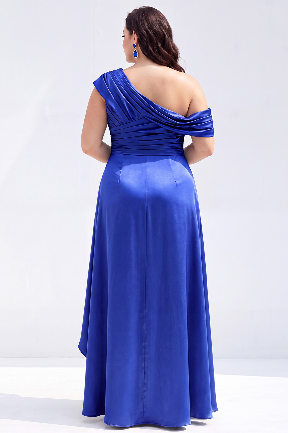 Mermaid Black One Shoulder Satin Ruched Long Mother of the Bride Dress with Ruffles 
