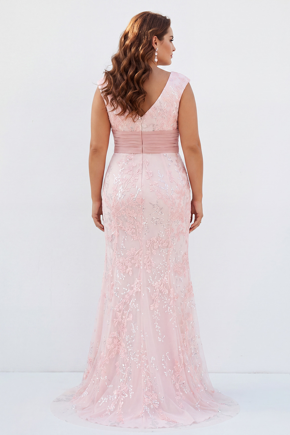 Dusty Rose Mermaid V-Neck Appliques Sequins Cap Sleeves Mother of the Bride Dress