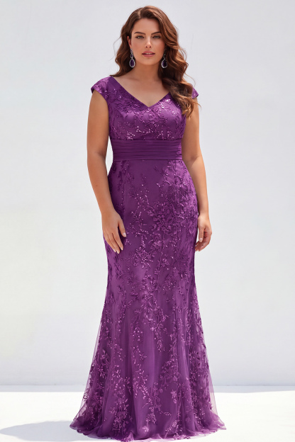 Dusty Rose Mermaid V-Neck Appliques Sequins Cap Sleeves Mother of the Bride Dress