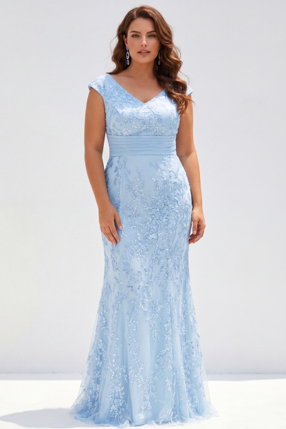 Dusty Rose Mermaid V-Neck Appliques Sequins Cap Sleeves Mother of the Bride Dress