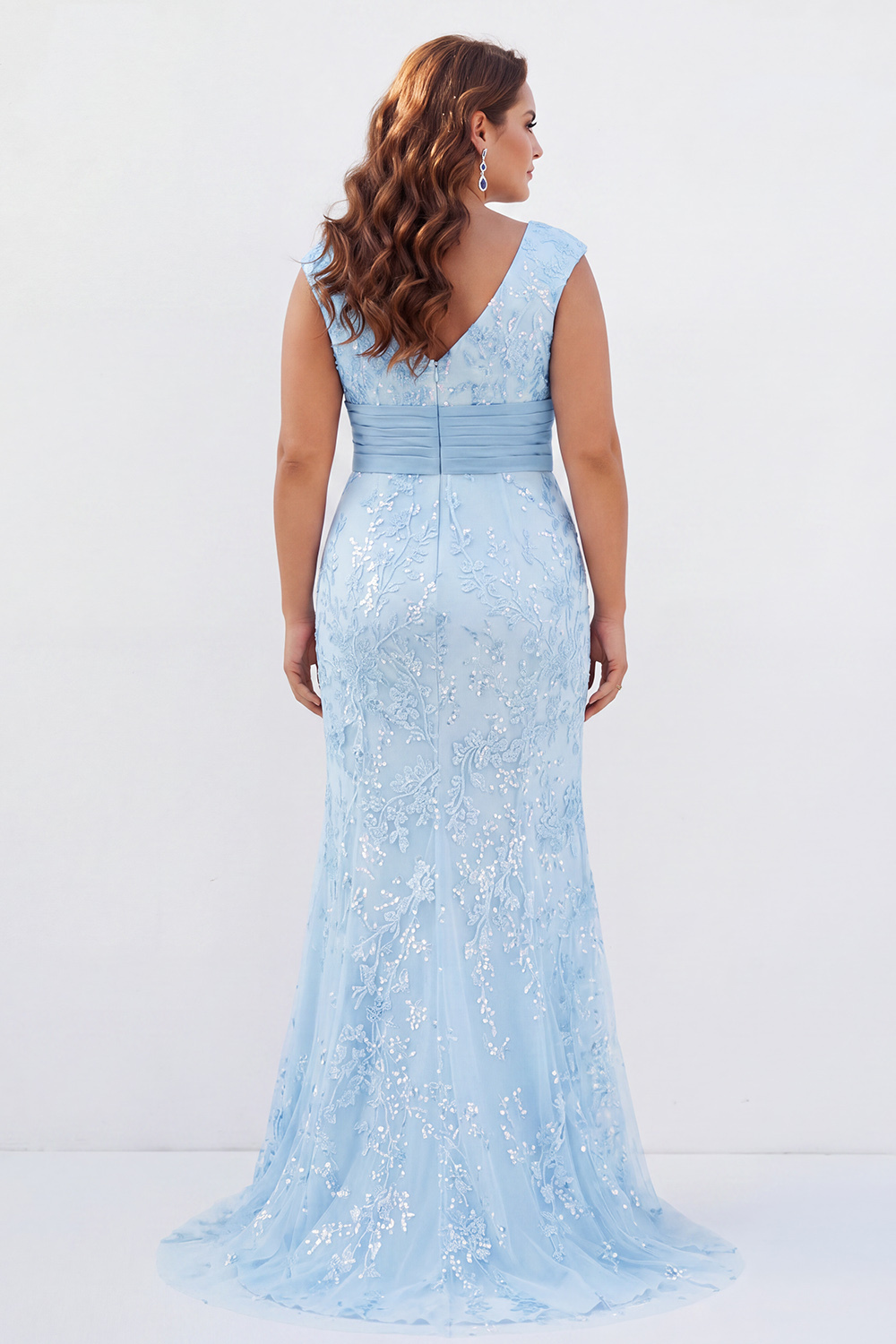 Dusty Rose Mermaid V-Neck Appliques Sequins Cap Sleeves Mother of the Bride Dress