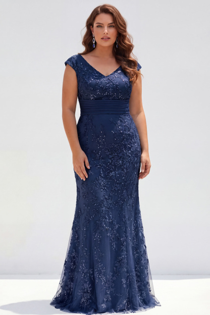Dusty Rose Mermaid V-Neck Appliques Sequins Cap Sleeves Mother of the Bride Dress