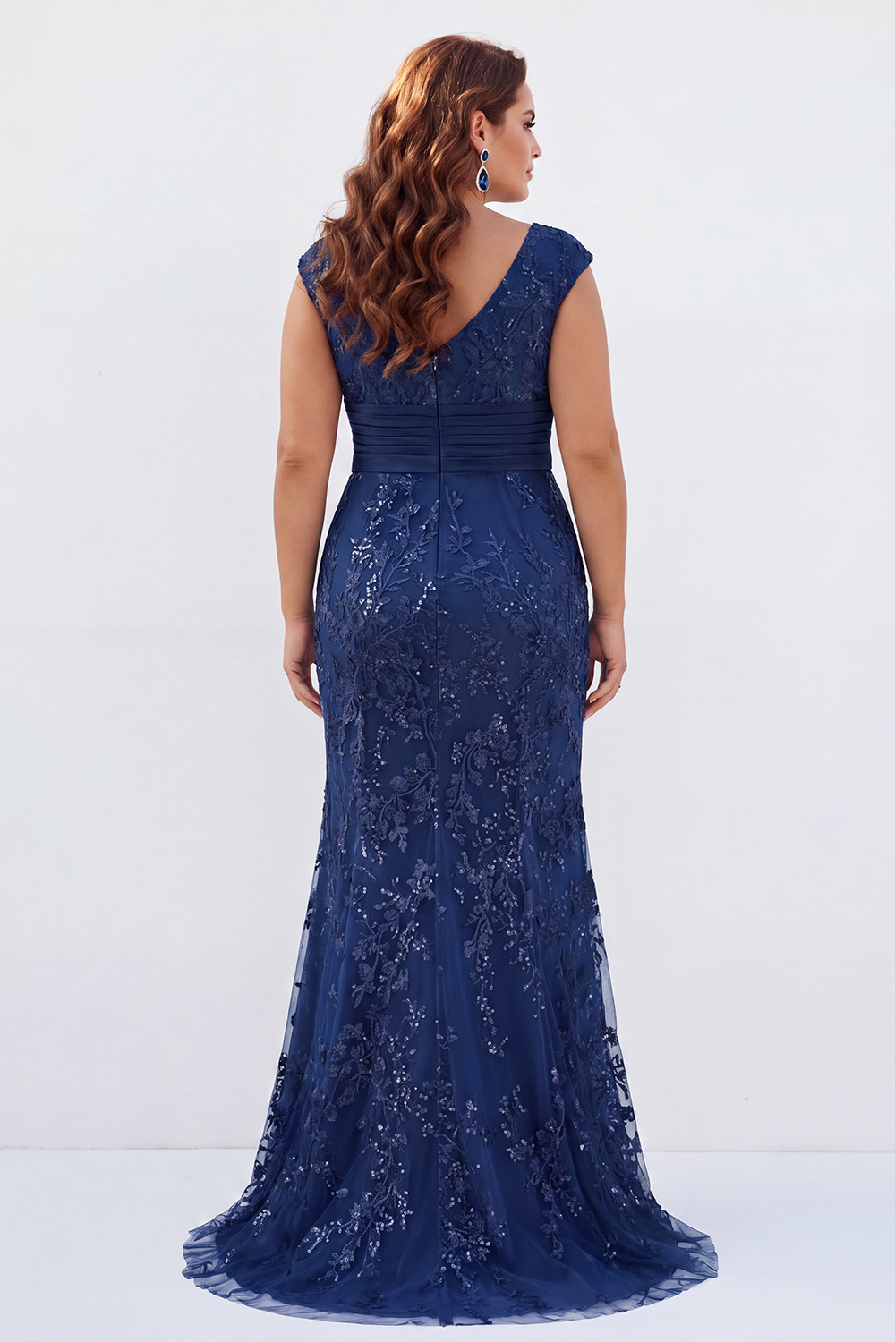 Dusty Rose Mermaid V-Neck Appliques Sequins Cap Sleeves Mother of the Bride Dress