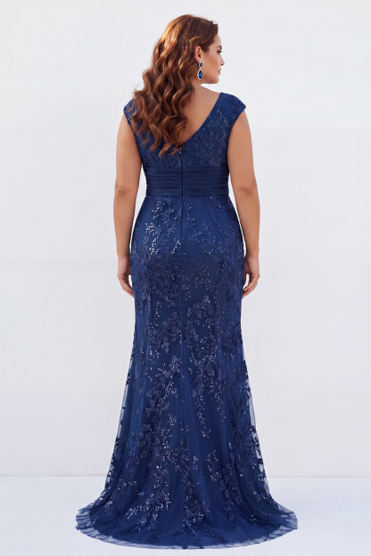 Dusty Rose Mermaid V-Neck Appliques Sequins Cap Sleeves Mother of the Bride Dress