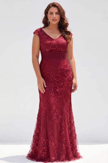 Dusty Rose Mermaid V-Neck Appliques Sequins Cap Sleeves Mother of the Bride Dress