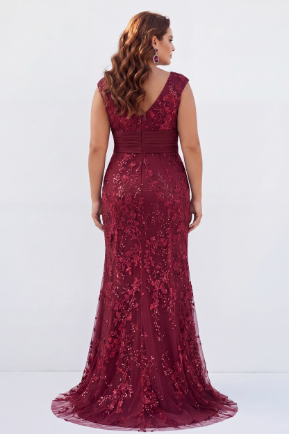 Dusty Rose Mermaid V-Neck Appliques Sequins Cap Sleeves Mother of the Bride Dress