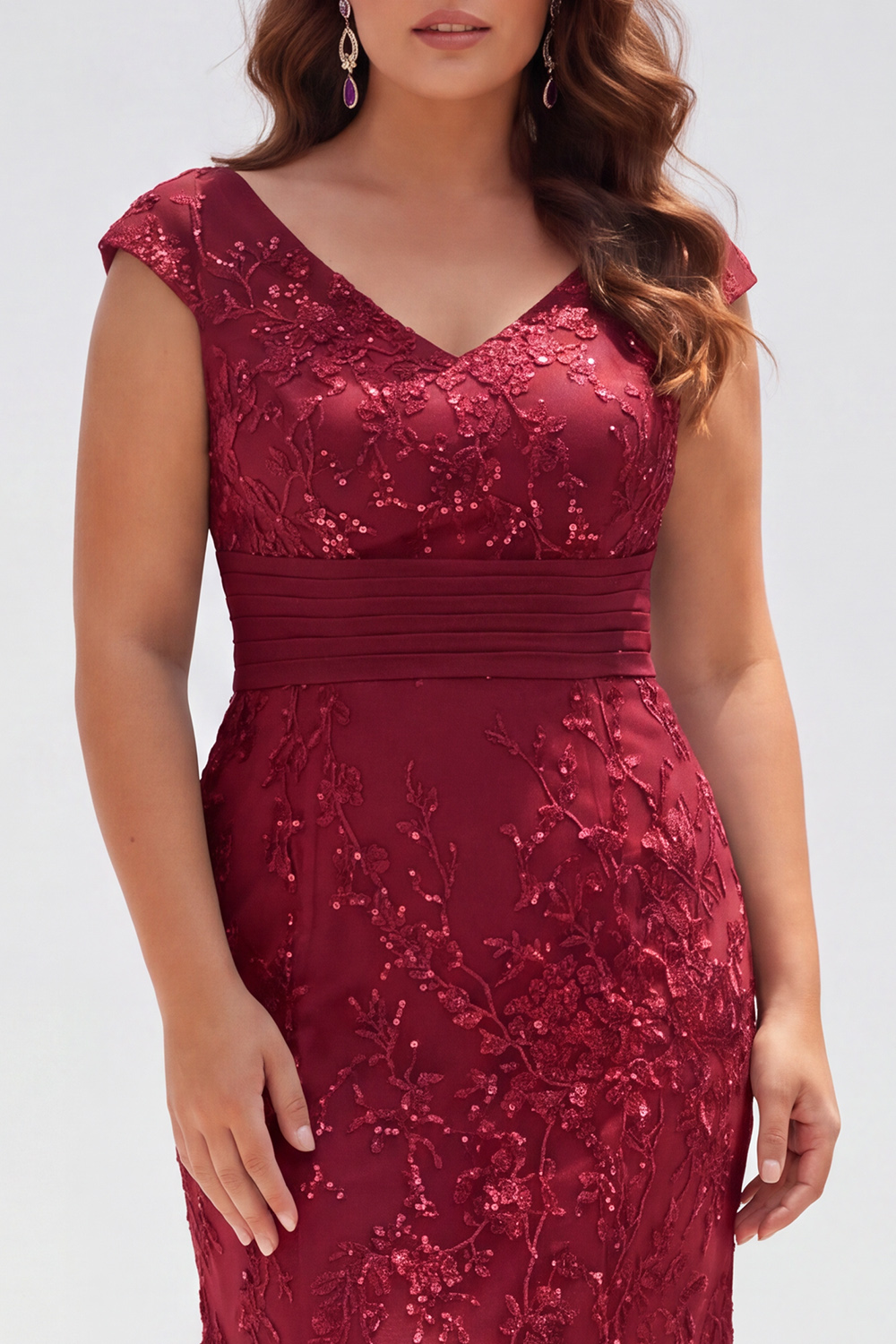 Dusty Rose Mermaid V-Neck Appliques Sequins Cap Sleeves Mother of the Bride Dress