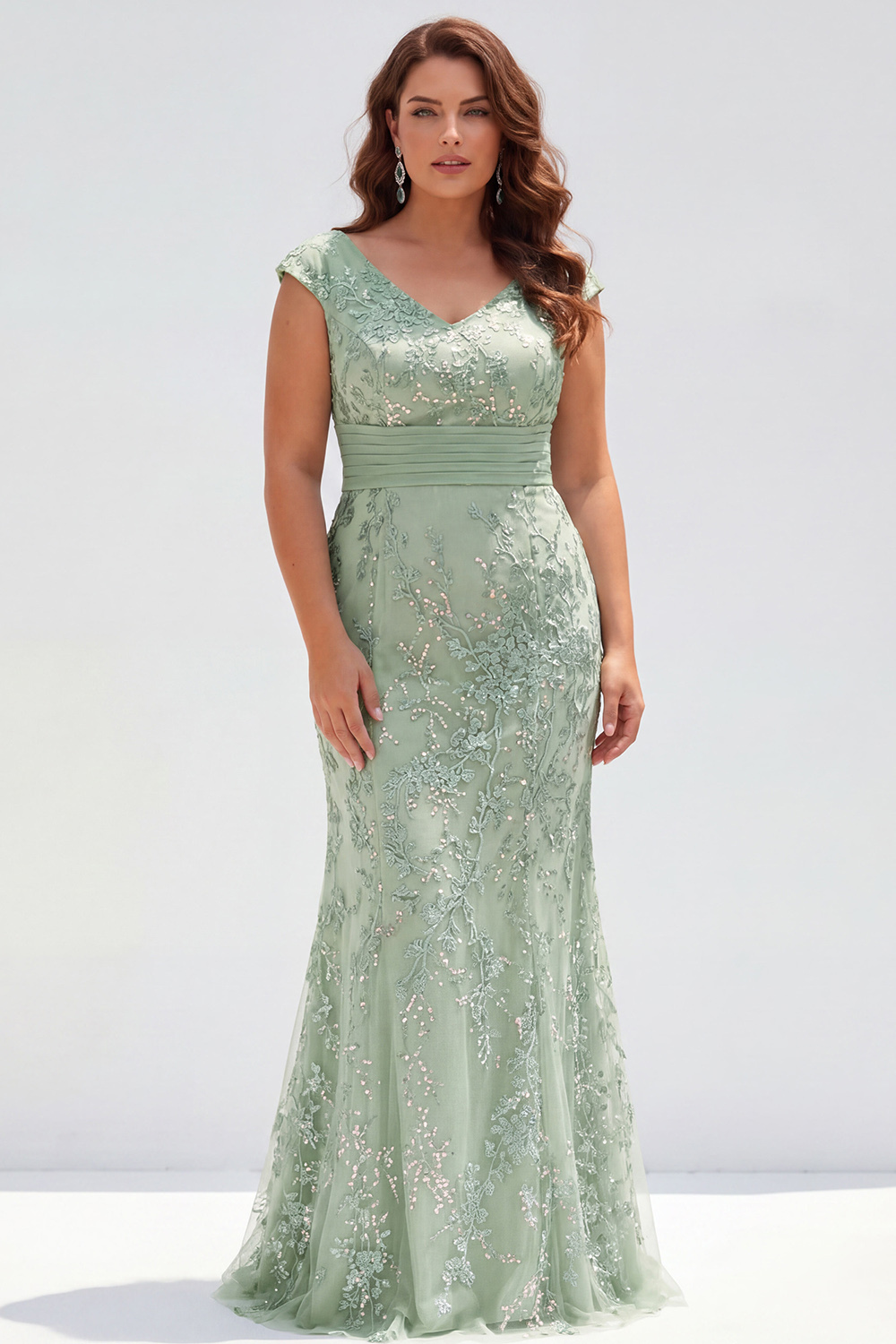 Dusty Rose Mermaid V-Neck Appliques Sequins Cap Sleeves Mother of the Bride Dress