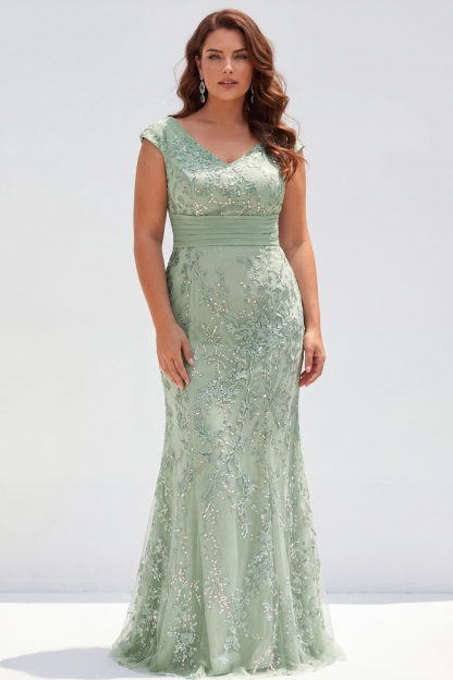 Dusty Rose Mermaid V-Neck Appliques Sequins Cap Sleeves Mother of the Bride Dress