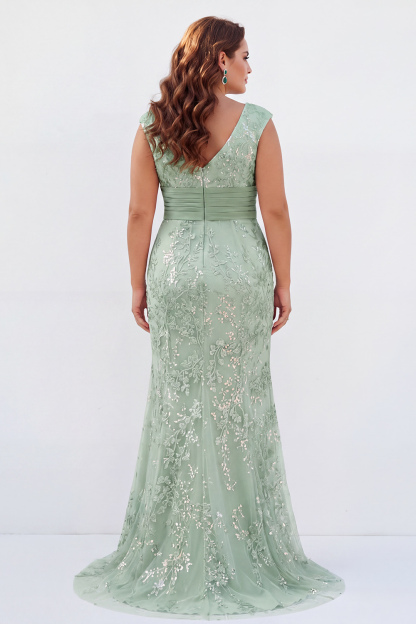 Dusty Rose Mermaid V-Neck Appliques Sequins Cap Sleeves Mother of the Bride Dress