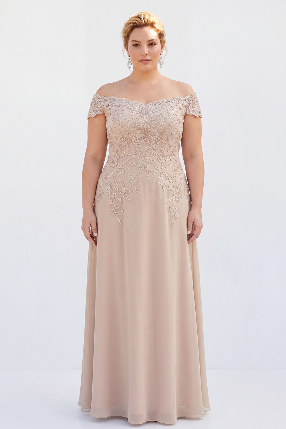 Dressself Women Taupe Chiffon Mother Of Bride Dress with Lace Appliqued Off the Shoulder Chiffon Sheath Long Wedding Guest Dress