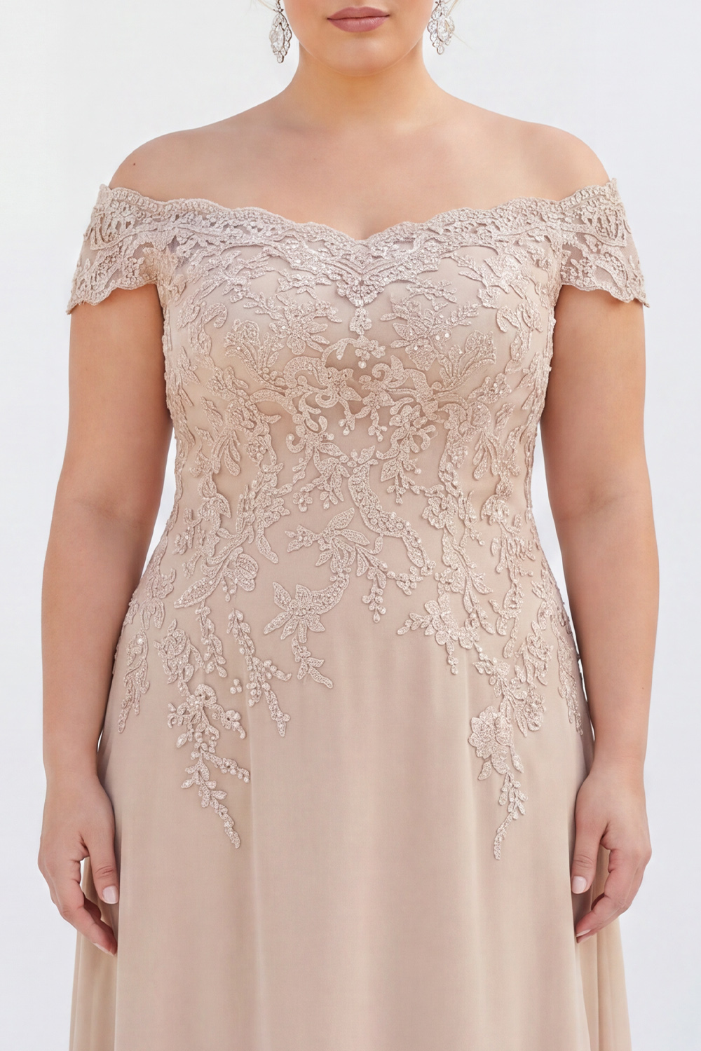 Taupe Off the Shoulder Chiffon Sheath Long Mother of the Bride with Lace Appliques