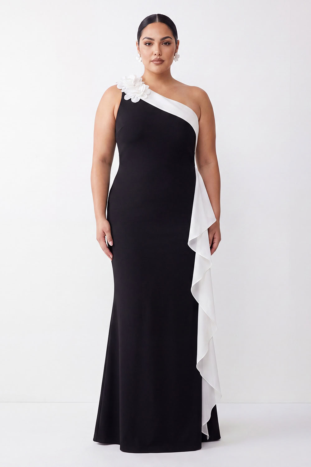 Black Plus Size One Shoulder Ruffled Mermaid Long Formal Dress with 3D Flower