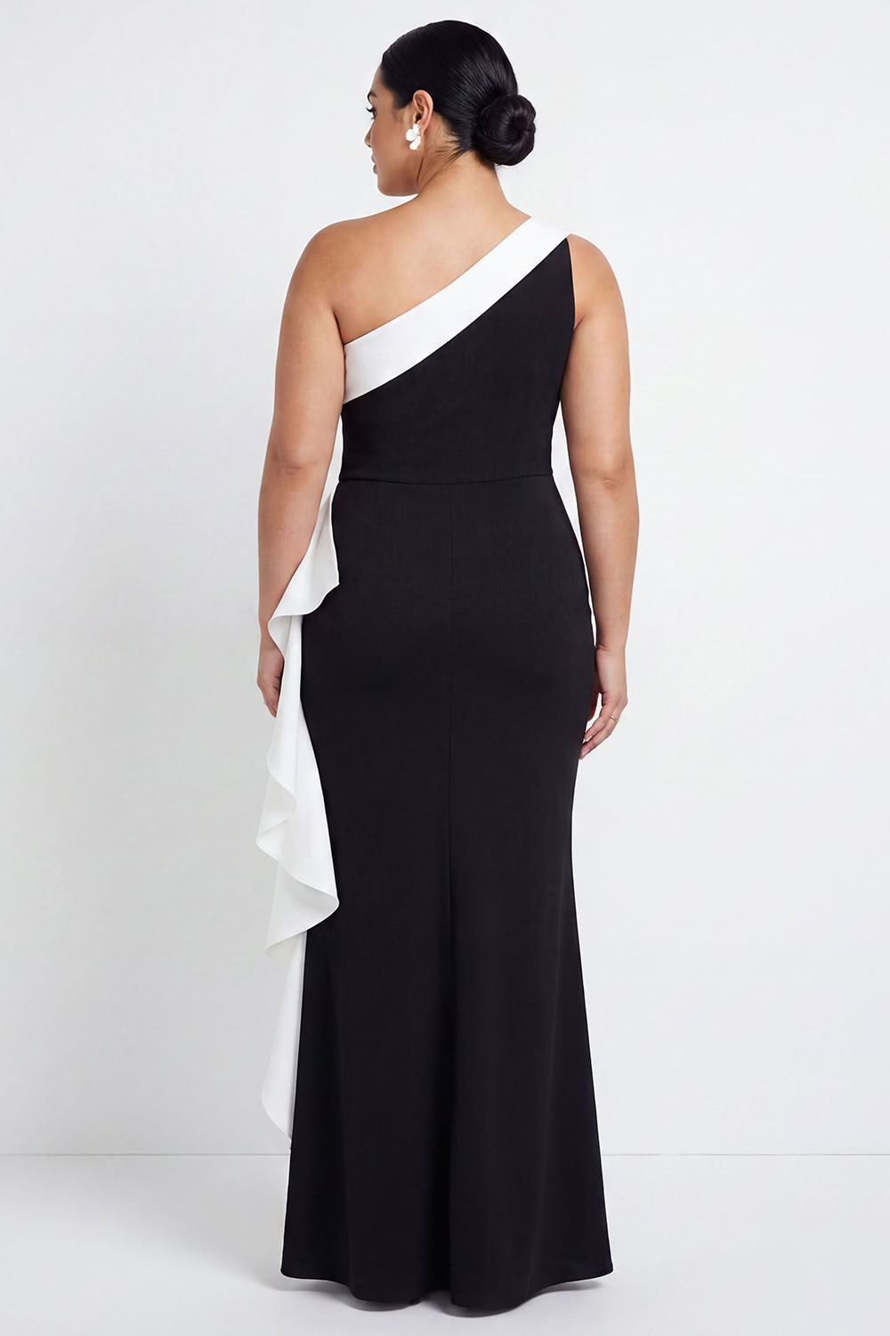 Black Plus Size One Shoulder Ruffled Mermaid Long Formal Dress with 3D Flower