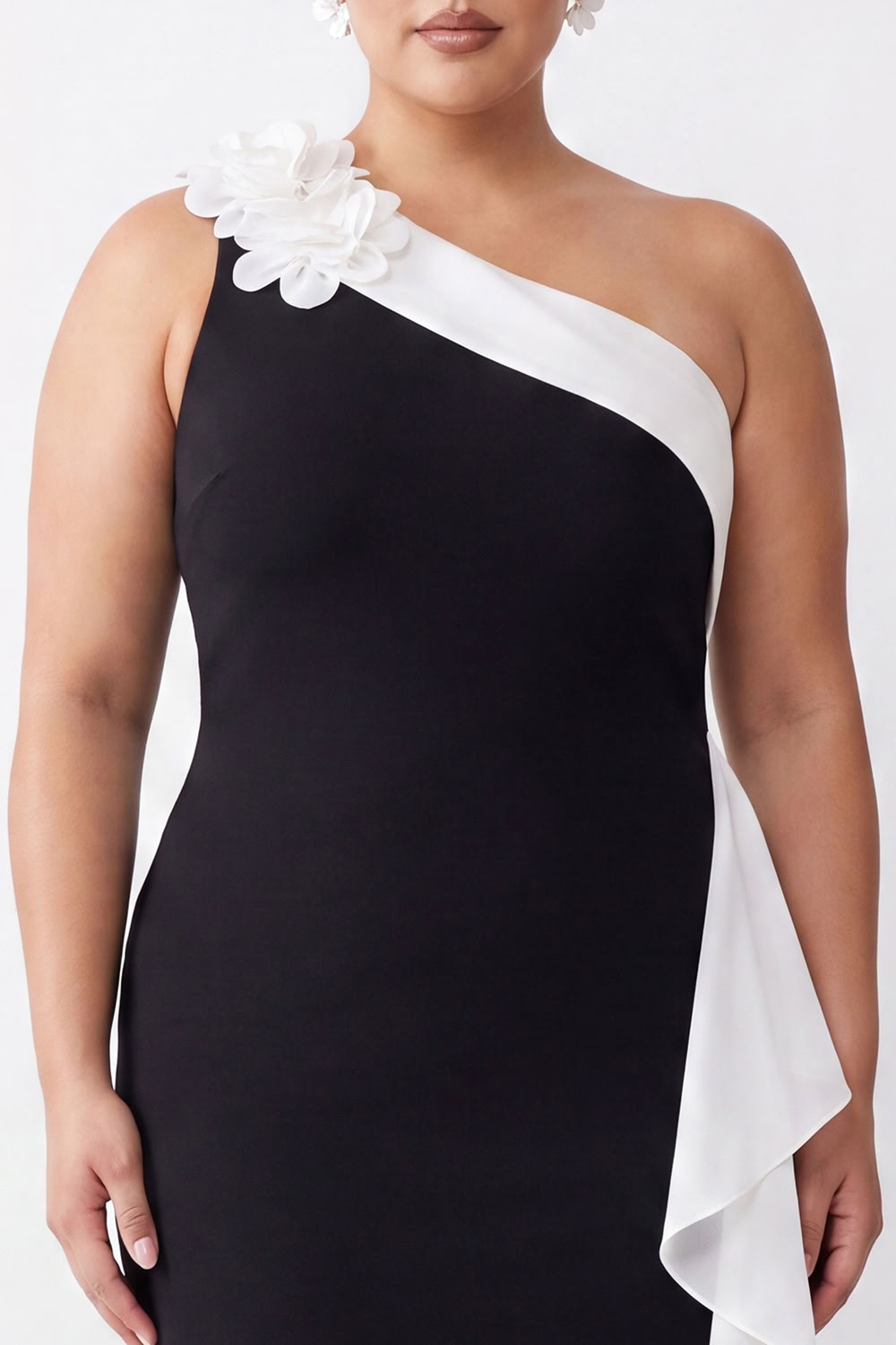 Black Plus Size One Shoulder Ruffled Mermaid Long Formal Dress with 3D Flower