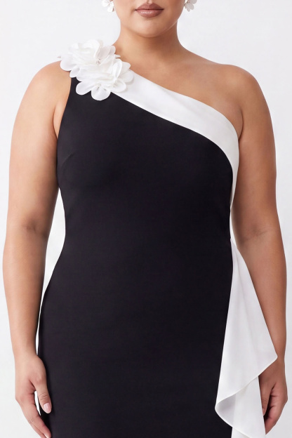 Black Plus Size One Shoulder Ruffled Mermaid Long Formal Dress with 3D Flower