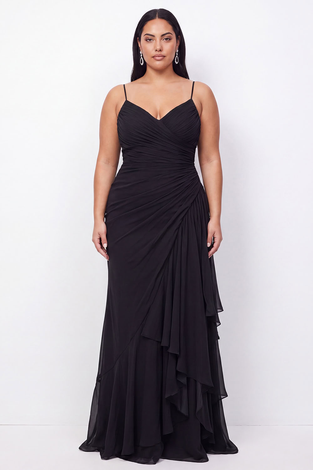 Black Spaghetti Straps Plus Size A-Line Ruffled Formal Dress