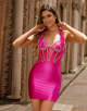 Halter Fuchsia Satin Bodycon Homecoming Dress With Rhinestones
