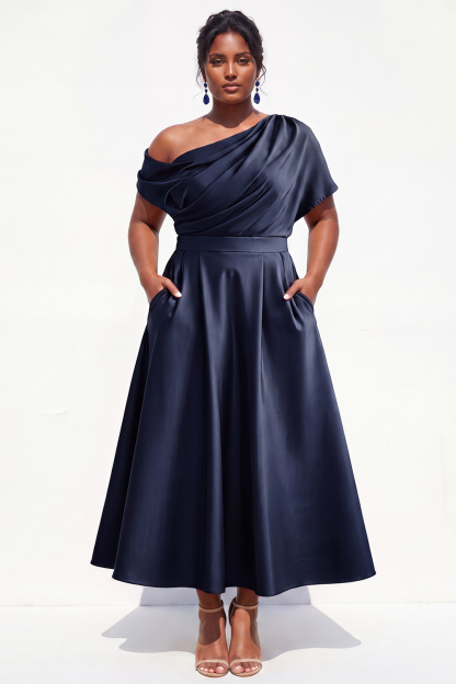 Black Satin A-Line Plus Size Long Mother of the Bride Dress with Pockets
